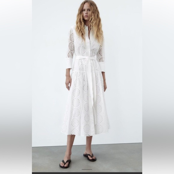 New! Zara XL white embroidered eyelet belted shirt dress.